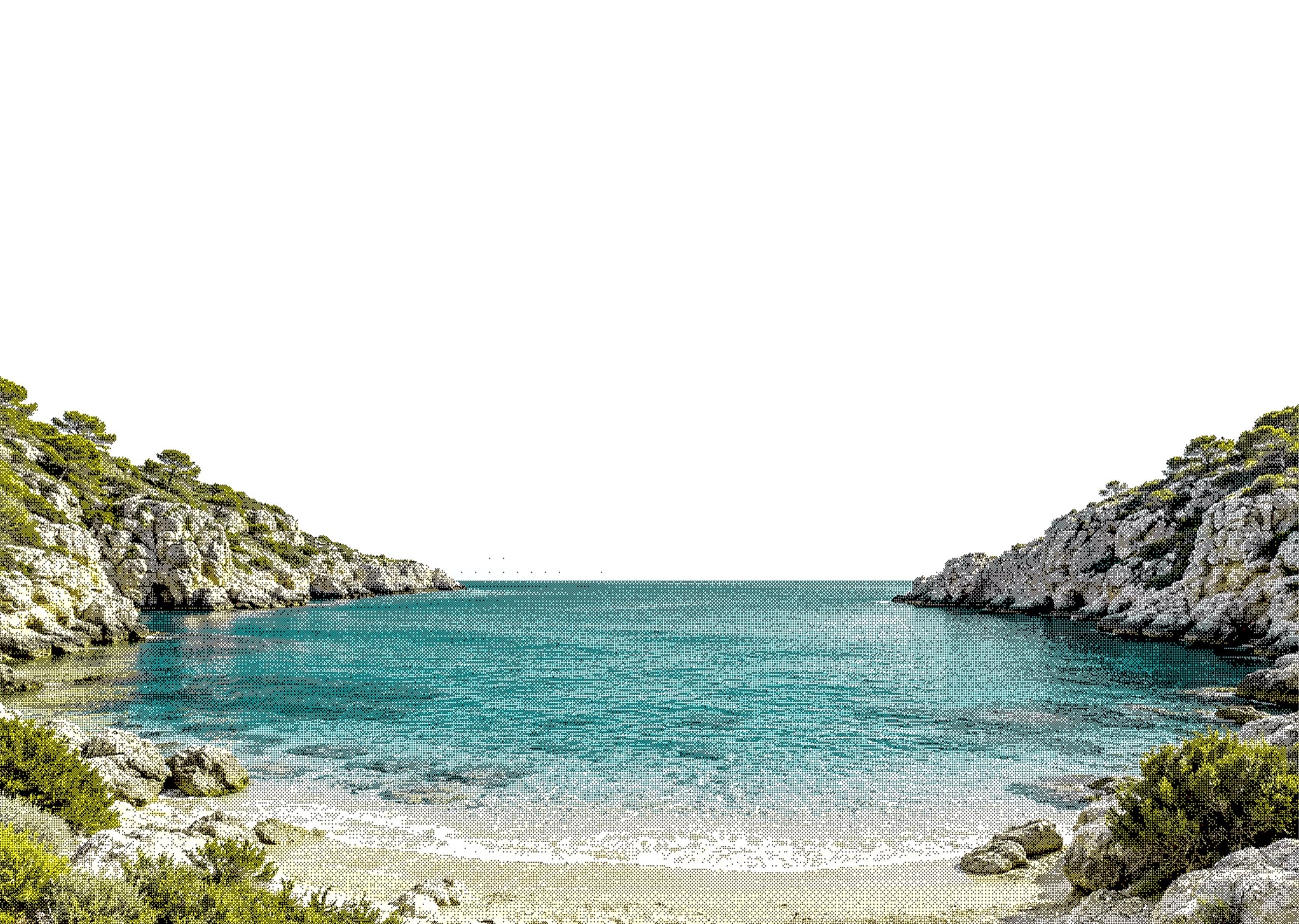 A calm turquoise cove between rocky cliffs under a bright white sky