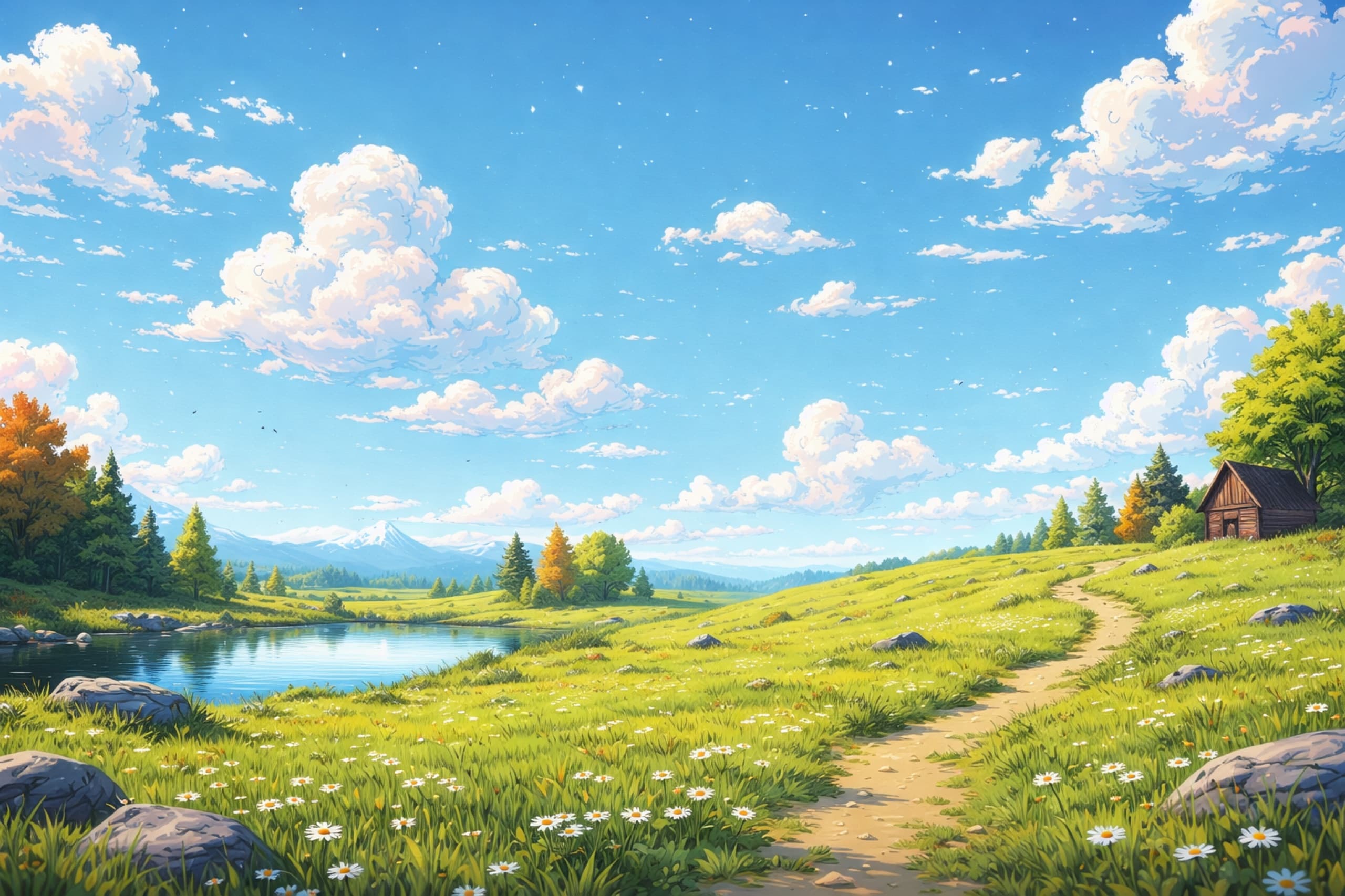 A green meadow with a lake and a small cabin under a blue sky full of clouds