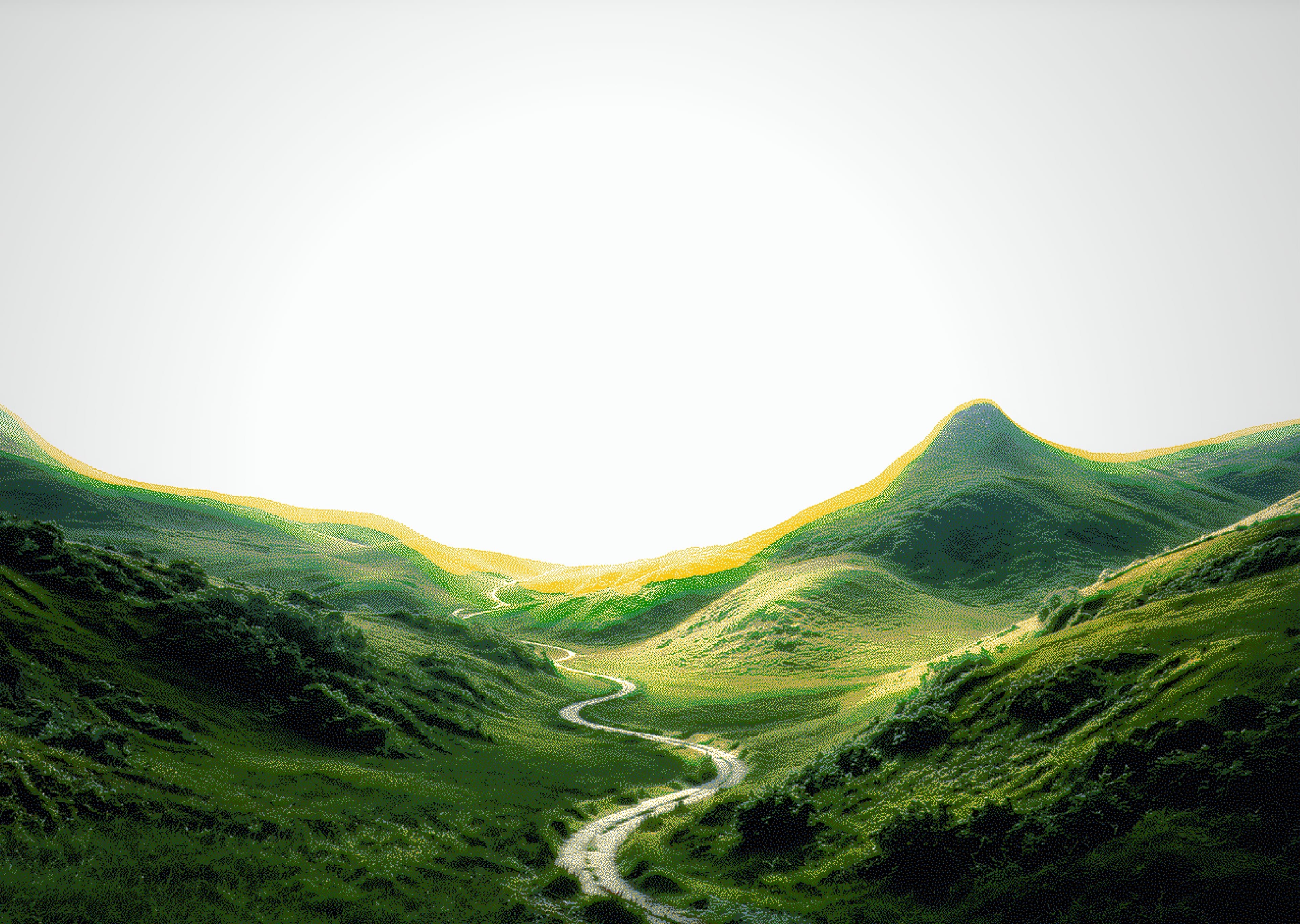 A winding path through green hills toward a bright horizon