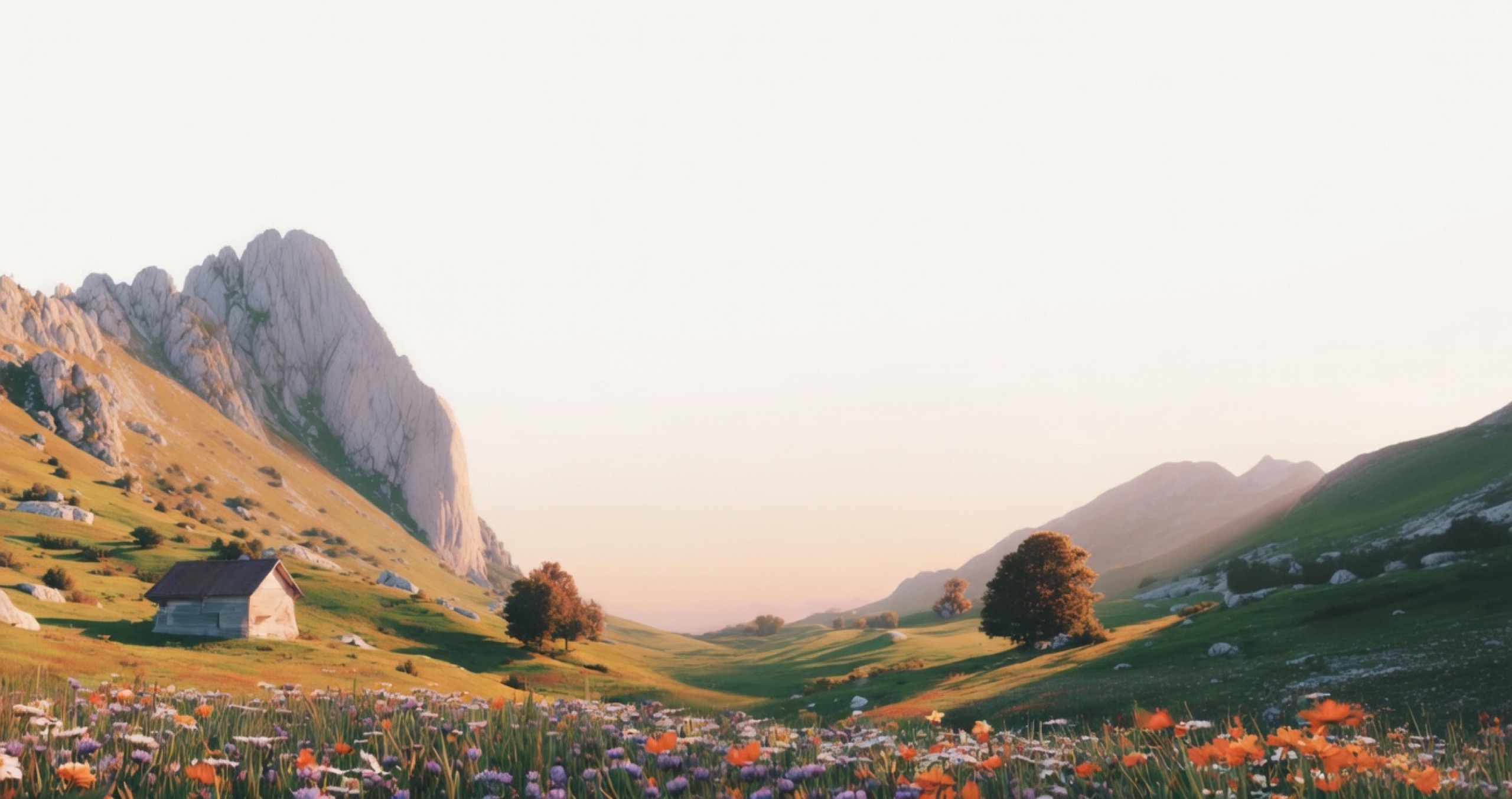 A quiet alpine valley at sunset with a small stone house and wildflowers